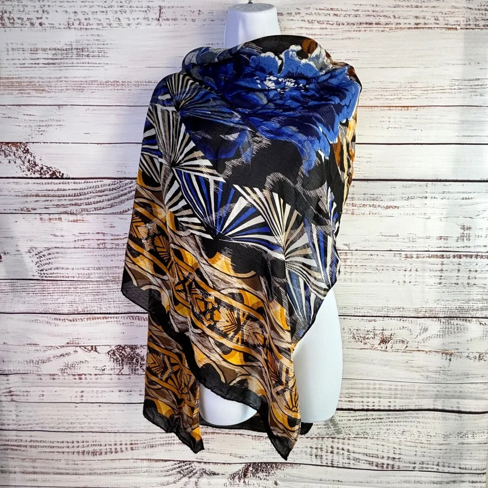 Bohemian Silk/Rayon Eclectic Scarf/Wrap‎ Chico's Floral Cobalt Blue Yellow Gold